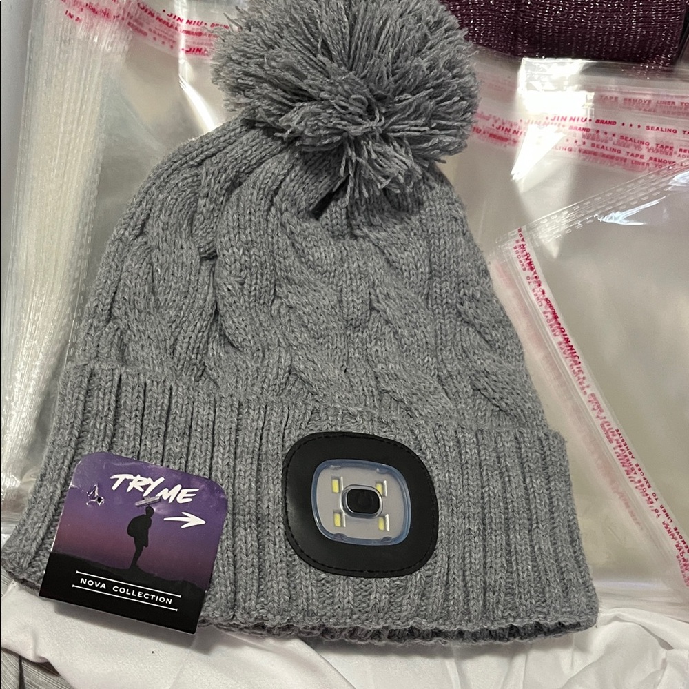 Gray LED Pom-Pom Beanie